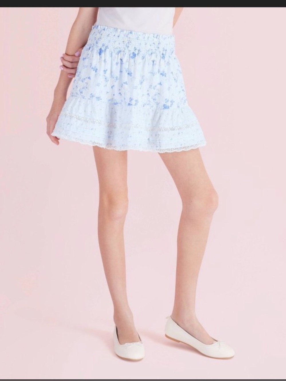 LoveShackFancy Light Blue Floral Tiered Skirt